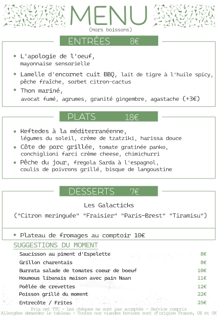 Le Menu du moment au Restaurant le Comptoir de Brice à Angoulême