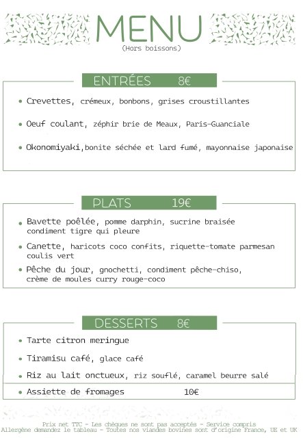 Le Menu du moment au Restaurant le Comptoir de Brice à Angoulême