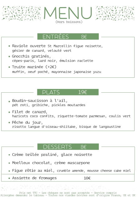 Le Menu du moment au Restaurant le Comptoir de Brice à Angoulême