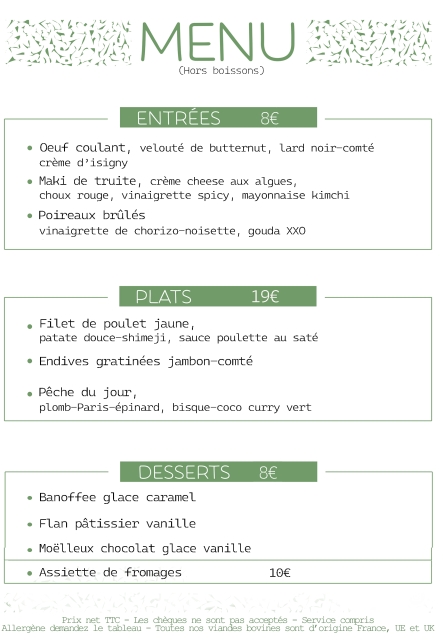 Le Menu du moment au Restaurant le Comptoir de Brice à Angoulême