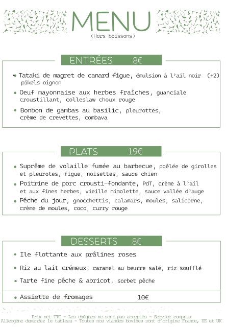 Menu du Soir au Restaurant le Comptoir de Brice à Angoulême